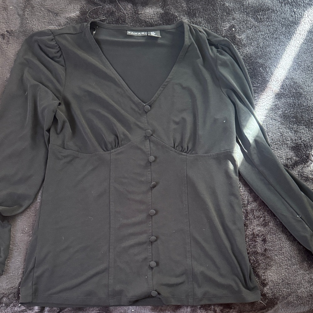 Tahari Elegant Black V-Neck Button-Down Shirt